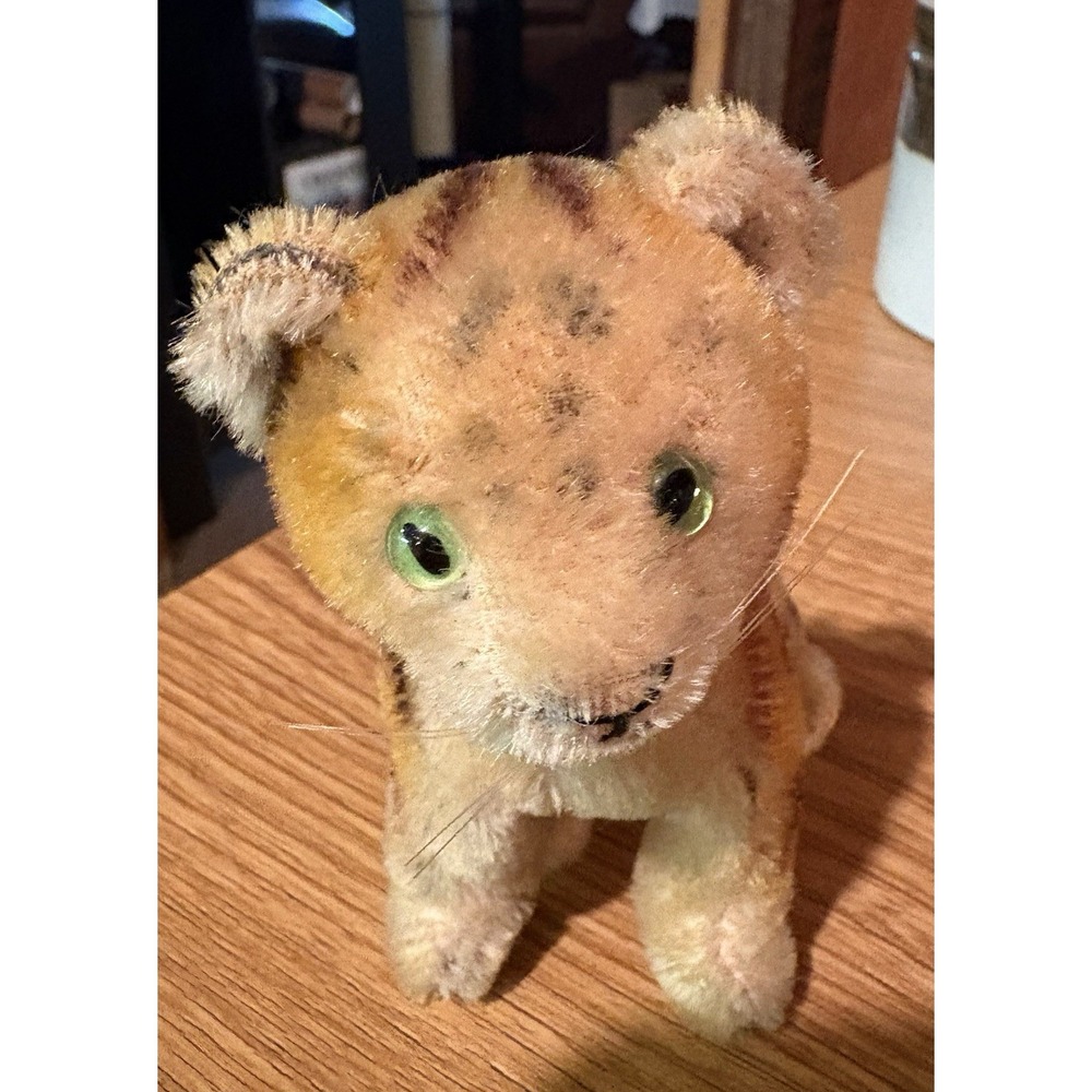 VTG Steiff Tiger Glass Eyes Jointed Head Mohair 4" Sitting Stuffed Plush 1950's